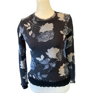 Cache Womens Floral Mesh Sheer Long Sleeve Top Small Blue Lettuce Edge Coquette